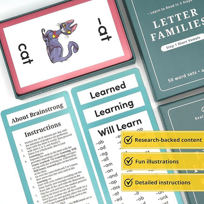 250 Phonics Words - Step 1 - Short Vowels | Learn to Read Kinder/1st Grade | Ages 5-7 | Brainstrong Letter Families Premium 50 Flashcards