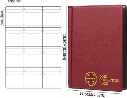 Coin Collection Album - Coin Holder Book Coin Storage Album Money Penny Pocket for Collectors CS01 (Red, Pocket Size 30x30mm/1.2x1.2 in[120 Pockets])