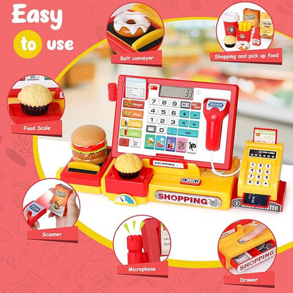 Cash Register for Kids with Scanner Realistic, Pretend Play Toy Cash Register with Fast Food/Fake Money/Credit Card/Calculator/Microphone Gift Ideas for Toddlers Girls Boys 3-5 4-8, Yellow