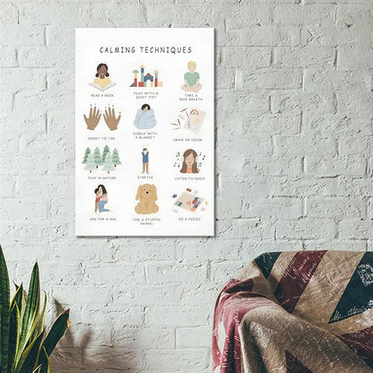 Feelings Calming Techniques Canvas Wall Art Calming Corner Classroom Mental health Posters Boho Emotions Chart for Kids Prints Special Education Wall Decor for Office School 20x30in Framed