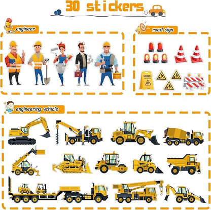 Oriate 28pcs Construction Toys for Kids, 12pcs Mini Diecast Construction Vehicles Toy with Flatbed Transport Trailer, Educational Digger Excavator Bulldozer Forklift Trucks Cake Topper Stickers