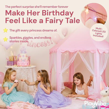 PLAYVIBE Princess Tent - 55 x 53 in, Toddler - Starry LED Lights Kids Tent - Cozy Indoor Playhouse - Portable & Easy Assembly Toddler Playhouse