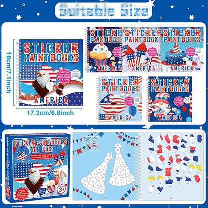 6PCS 4th of July Patriotic Crafts Paint by Sticker Books for Kids Ages 4-8 Sticker by Number Book Activity Puzzle Book for Kids Age 3-5 Toddler Art Gift for Memorial Day American Flag Star 48 Pictures