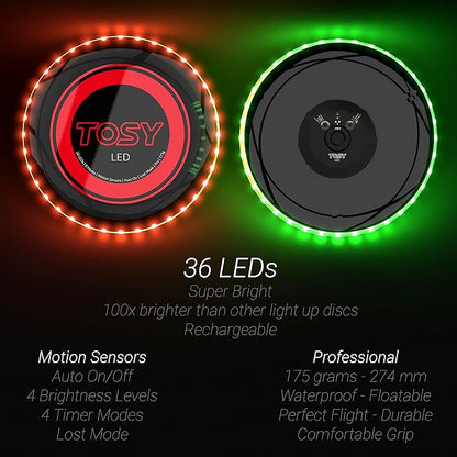 6 of TOSY Flying Disc 36 LEDs, Extremely Bright, Smart Modes, Auto Light Up, Rechargeable, Perfect Birthday & Camping Gift for Men/Boys/Teens/Kids, 175g frisbees