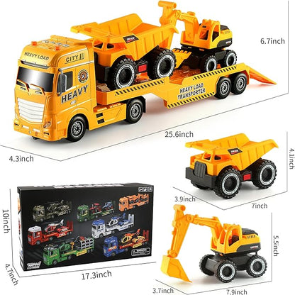Dwi Dowellin Construction Carrier Truck Kids Toys,25.6" Semi-Trailer Toy with Excavator and Dump Truck,Gifts for Age 3 4 5 6+ Years Old Boys Girls