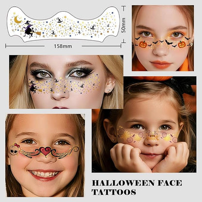 Halloween Glitter Freckle Tattoos, 12 Sheets Color Metallic Face Speckles Halloween Makeup Temporary Tattoos, Freckle Patches Makeup Accessories for Adults and Kids