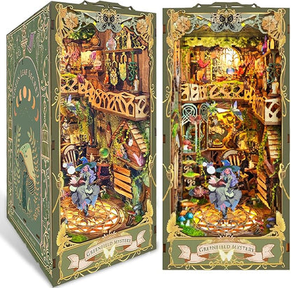 DIY Book Nook Kit, DIY Miniature Dollhouse Kit for Adults and Teens, Book Nook Bookshelf Insert Decor 3D Wooden Puzzle Bookend Miniature Kit with Sensor Light Creative Craft (Green Fairyland)