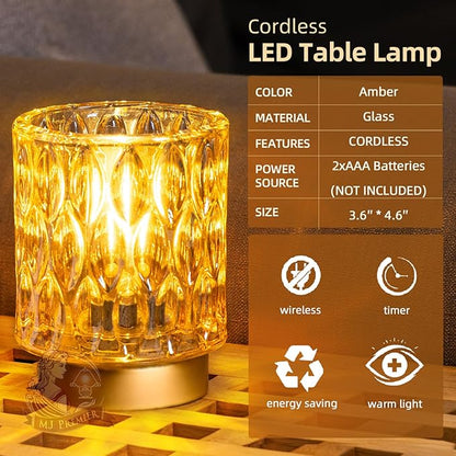 Battery Operated Table Lamps Timer, Mini Crystal Lamp for Area No Plug, Cordless Lamp with LED Bulb for Power Outage, Decorative Lamps for Tabletop/Corner/Entryway/Stairway/Bathroom/Fireplace(2*AMBER)