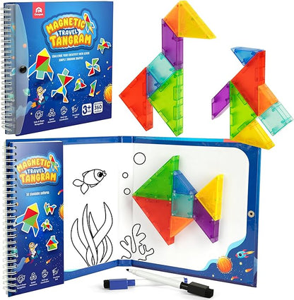 Coogam Magnetic Travel Tangram Puzzle with 3D Building Blocks, Road Trip Pattern Shape Handwriting Jigsaw Books with 360 Brain Teasers, Montessori Educational Toy Gift for Kids Adults