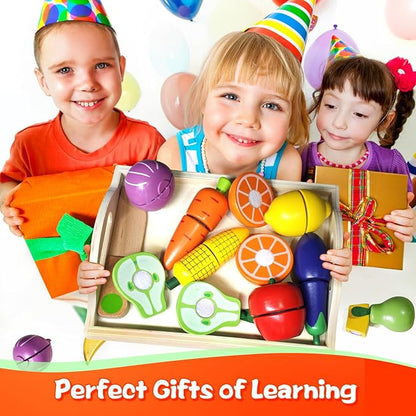 Wooden Play Food for Toddlers, Velcro Fruit and Veggies Cutting Set for Kids, Montessori Learning Toys Food, Pretend Food Play Kitchen Accessories for 3 4 5 6 Years Old Boys & Girls Gift