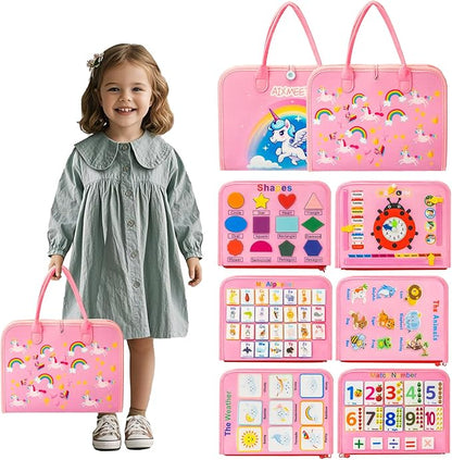 AIXMEET Toddler Busy Board Montessori Toys, Sensory Board Busy Book, Toys for Toddlers 3456 Year Old, Preschool Learning Activities with Life, Shape,Color,Animal,Weather,8 Pages (Pink)