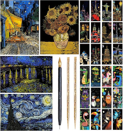 Scratch Art Painting Scratch Paper Rainbow Painting Sketch Pads DIY Art Craft Set， 4 Pcs Vincent Van Gogh Engraving and 24Pcs Classic Landmarks and Animal Series for Kids & Adults with 3 Tools
