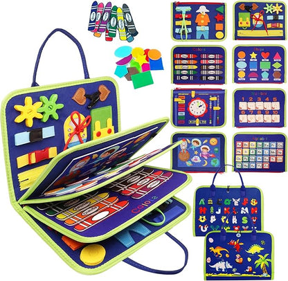 MAJAVI Toddler Busy Board Montessori Toys for 1 2 3 4 Year Old, Busy Book Sensory Educational Activities for Learning Fine Motor Skills, Gifts for Girls Boys, Travel Toys for Airplane Car, Dark Blue