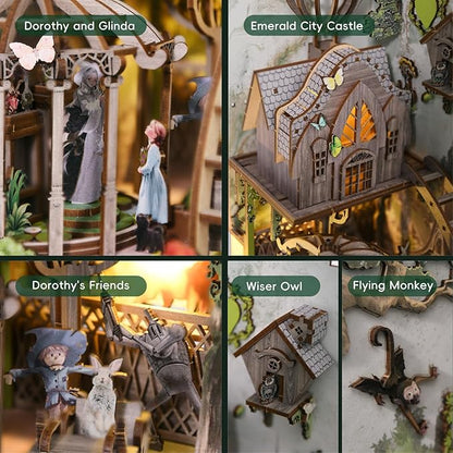 DIY Book Nook Kit, DIY Miniature Dollhouse Booknook Kit, Wooden 3D Puzzle Bookend Bookshelf Insert Decor with LED Light for Teens and Adults (Dorothy's Journey)