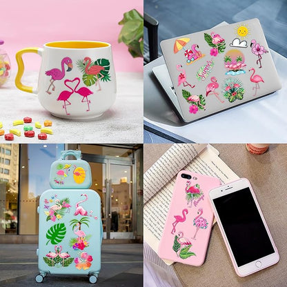 96 PCS Funny Flamingo Pre-Cut Temporary Sticker Summer Tropical Flower Hawaiian Luau Birthday Supplies Gifts Girls Boys Baby Showers Prizes Cute School Reward Themed (Normal)