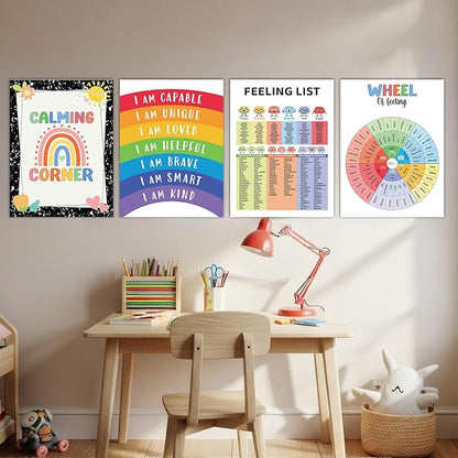 Set 12 Calming Corner Posters for Classroom Must Haves For Teachers, Composition Notebook Classroom Decor, 10x12 Calm Down Corner Supplies, Feelings Chart For Kids Ages 4-8, Feelings Wheel Poster