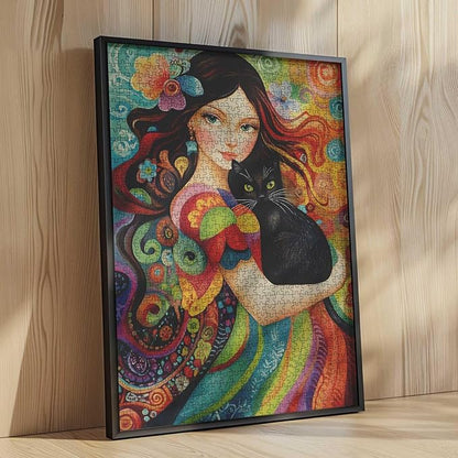 Abstract Women Jigsaw Puzzle,Black Cat Puzzles for Adults 1000 Pieces Puzzles for Families, HD Quality Lady Photo Puzzle Gift, Perfect for Party Game Gifts 27 x 20 Inches