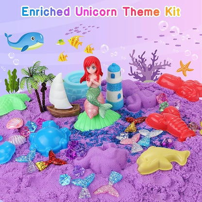 Lokuc Unicorn Sensory Bin for Girl, Unicorn and Mermaid Sensory Sand Kit Toy, 60Pcs Sandbox with 2.2 lbs Magic Sand Sensory Bins, Christmas Birthday Gift for Toddler Kid Age 3 4 5 6 7 8