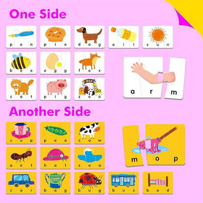 Self-Correcting Spelling Puzzles, Double-Sided Three and Four-Letter Word Spelling Cards with Picture Matching, 48 First Words Learning for Kindergarten Readiness, Preschool Ages 4+