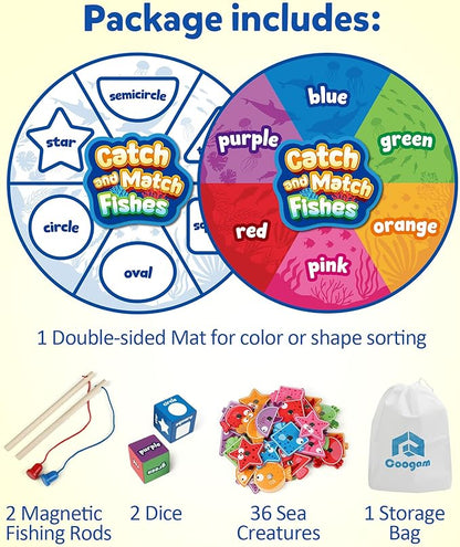 Coogam Montessori Toy for Toddlers, Fine Motor Skill Wooden Magnetic Fishing Game for Year Old Kids, Color and Shape Sorter for Age 3 4 5 Girls Boys Preschool Educational Gift