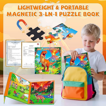 3 in 1 Magnetic Dinosaur Puzzles for Kids Ages 3-5, 3x20 Pieces Puzzles for Toddlers 4-6, Car Airplane Road Trip Activities Magnet Games Toys for 3 4 5 6 Year Old Boys