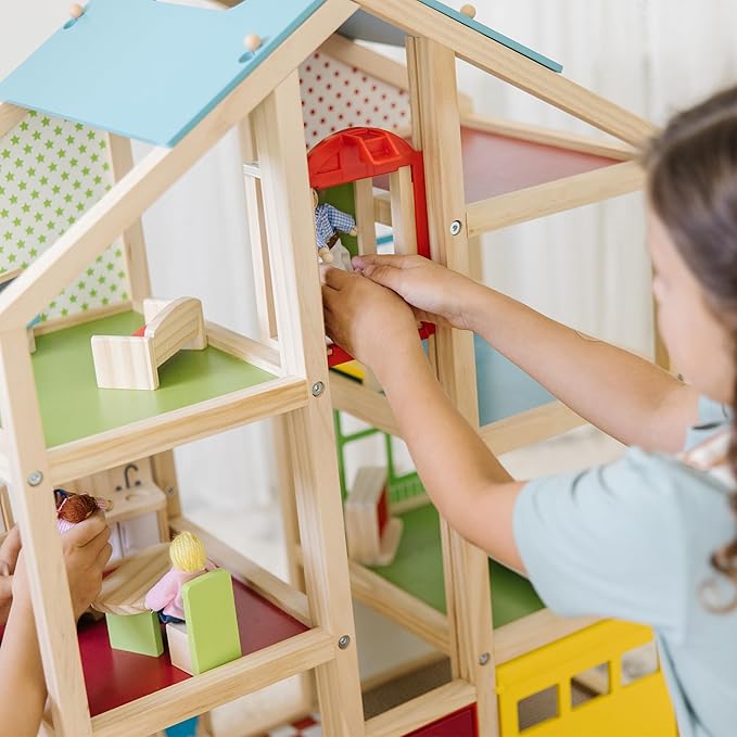 Melissa & Doug Hi-Rise Wooden Dollhouse with 15 pcs Furniture - Garage and Working Elevator