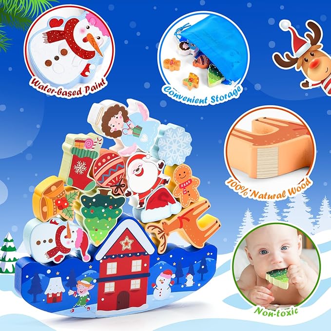 Christmas Kids Gifts Stacking Toys for Kid 3-10 Stocking Stuffers for 4 5 6 7 8 9 10 Year Old Grandkids Girls Boys Wooden Blocks Toy Balance Competition Game Birthday Gift for Kid Ages 5-7