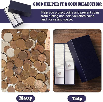 Henoyso 3 Pcs Double Row Coin Box Holders for Collectors Storage Supplies Collecting Coin Cases, 9 x 2 x 2 Inch About Half Box Cases(Navy Blue)