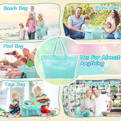 Tagitary Mesh Beach Bag with Zipper Large Beach Tote Waterproof Sandproof with 8 Pockets for Toys Pool Bag Beach Accessories