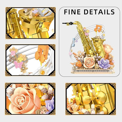 Mini Building Blocks Sets Flower Saxophone - 1000+PCS Musical Instrument Micro Building Bricks Kit Toy - Creative Ideals, Collectible Architecture Decoration, Gift for Adults(Saxophone Flower)