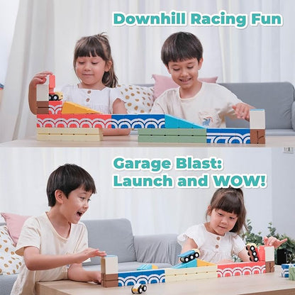 QBI Magnetic Blocks Play Starter Set｜4-in-1 STEM Building Blocks with 4 Cars & 3D Track Tiles｜Educational Sensory Magnet Toys｜Preschool Montessori Toys for Kids Ages 3-5-8 Year Old Boys and Girls