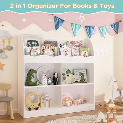 MHOM White Kids Bookshelf, Toy Storage Organizer with Book Rack and 4 Storage Cubbies, Wooden Kids Bookcase, Toy Organizers and Storage for Nursery, Playroom