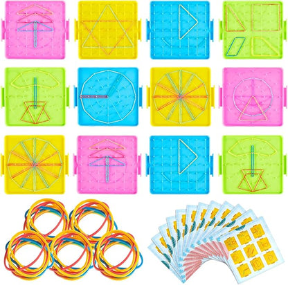 Deekin 12 Pcs Double Sided Geoboard Mathematical Kids Geoboards with Rubber Bands Math Manipulatives Toy for Geometry, 6.9 x 6.3 Inches Classroom Back to School