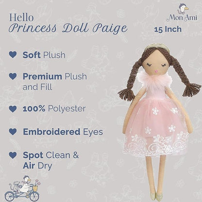 MON AMI Princess Doll Paige (Small) – 15”, Soft & Elegant Stuffed Plush Princess Doll, Use as Toy or Room Decor, Great Gift for Kids of All Ages