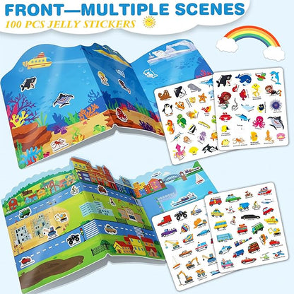 Reusable Jelly Sticker Books for Toddlers, 3D Waterproof Sticker Books, Travel Toys for Kids - Ocean Wrold, Vehicles