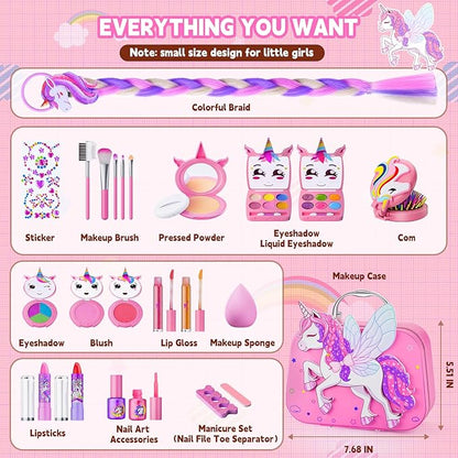Kids Makeup Kit for Girl - Girls Makeup Kit Toys with Flying Horse Storage Case, Kids Play Makeup Set for Christmas Birthday Gift 3-12 Years Old