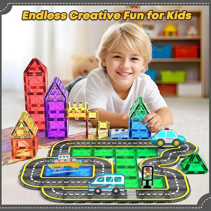 Soyee Magnetic Tiles Road Cars Set Magnetic Building Blocks Boys Toys Ages 3 4 5 6 7 8 Sensory Preschool Construction Toddler Toys Gifts for 3+ Year Old Boys Girls