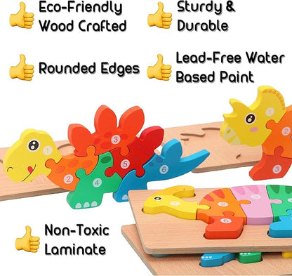 MONTESSORI MAMA Toddler Puzzles for Kids Ages 3-5 Dinosaur Puzzle 5-Pack, Montessori Toys for 3 Year Olds, Toddler Toys Age 2-4 Gifts for 3 Year Old Boys Girls, Wooden Puzzles for Toddlers