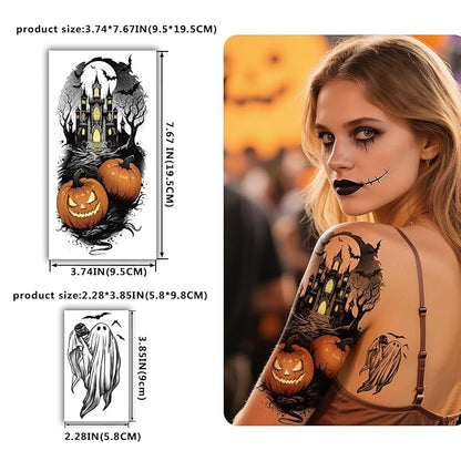 77 PCS Halloween Temporary Tattoos Adult Kids, 17 PCS Half Sleeve Pumpkin Bat Crow Witch Skull Fake Tattoos, 60 PCS Spider Cat Ghost Scar Tiny Realistic Face Body Tattoos Stickers