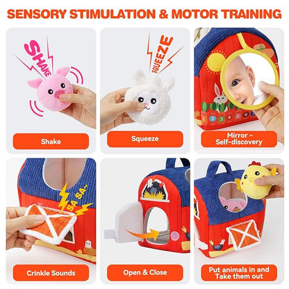 Soft Barn Baby Toys 6-12 Months with Stuffed Farm Animals, Rattle Squeaky Crinkle Sound & Mirror, Montessori Sensory Plush Infant Toy for 6 7 8 9 10 11 Month, 1 Year Old Baby Boy Girl Birthday Gifts