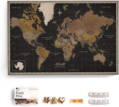 Canvas World Map with Cork Pin Board - English Lettering - Decorative Wall Decoration for All Rooms - Canvas Pictures with World Map Motif (150x100 cm, Pattern 5)