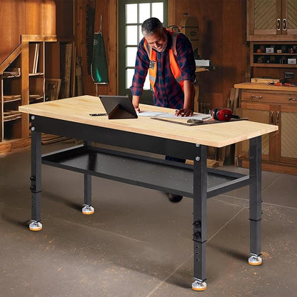 48"/60'' Adjustable Workbench, Rubber Wood Work Bench Heavy-Duty with Partition,2000 LBS Load Capacity Hardwood Work Table for Garage, Workshop, Home, Office, Easy Assembly (w/partition,48'')