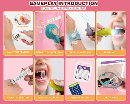 Doctor Kit for Toddlers - Deluxe Pretend Play Medical Cart Toy Set with Stethoscope ,Thermometer,Doctor Costume & Carry Bag - Educational Role Play Gift for Kids Boys & Girls Ages 3 4 5（Pink）