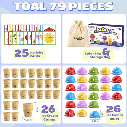Ice Cream Color Sorting Toys for Toddlers, Montessori Learning Toys with ABC Letter Recognition Flash Cards for Preschool Kids (Alphabet)