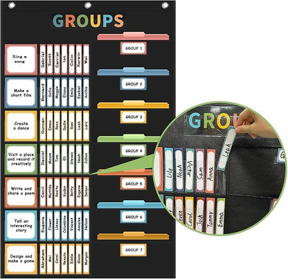 REGELETO Boho Small Group Management Pocket Chart with 114 Cards, Large Size 46 x 26.3 inch Classroom Small Group Organizer for School Teacher Elementary Preschool Learning Supplies (Black)