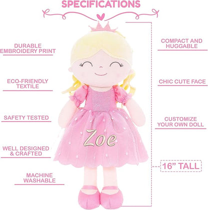 Gloveleya Personalized Doll with Embroidered Name - Pink Princess Custom Plush Doll for Girls Cute Plush Doll Customized Gift - Muñecas de Trapo Personalizadas para Niñas