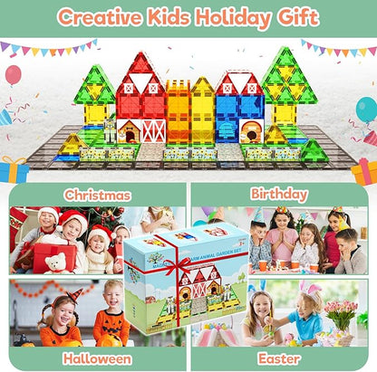 Magnetic Tiles Toddler Toys Garden Farm Animal Set, Magnetic Blocks Montessori Sensory Educational Learning Building Magnet Toys for 3 4 5 6 Year Old Boys Girls, Kids Games Party Birthday Easter Gifts