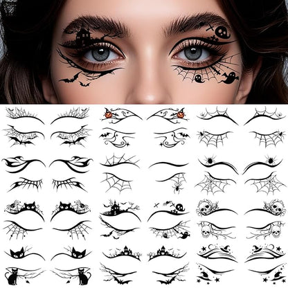 24 PCS Halloween Makeup Eye Temporary Tattoos Waterproof, Upper & Lower Lash Design Spider Web Bat Eyeliner Eye Shadow Tattoos Makeup Kit for Adult Women Men Girls Cosplay Halloween Party Decals