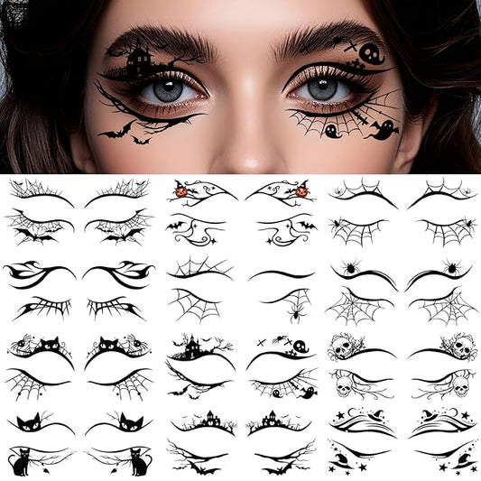 24 PCS Halloween Makeup Eye Temporary Tattoos Waterproof, Upper & Lower Lash Design Spider Web Bat Eyeliner Eye Shadow Tattoos Makeup Kit for Adult Women Men Girls Cosplay Halloween Party Decals