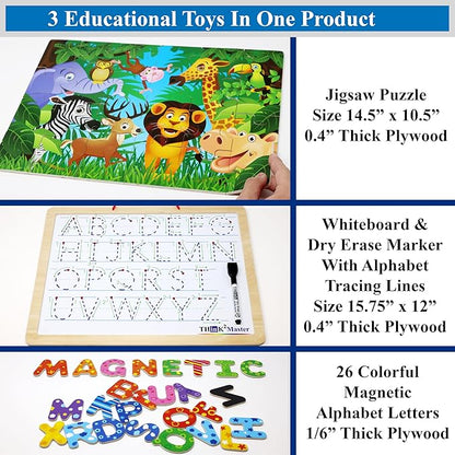 Think2Master Alphabet Whiteboard & Animal Puzzle (PreK, Kindergarten, 1st) for Families, Home School & Classrooms. Learn to Read & Write Size 14.5” x 10.5" (Animal Edition)